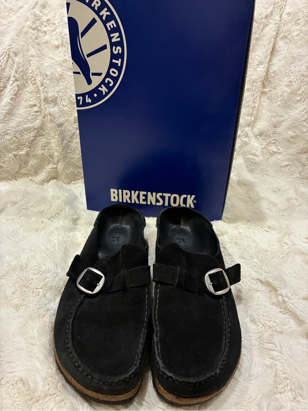 Birkenstock Buckley Black Suede Slip-On Clogs with Silver Buckles size 8-8.5